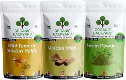 Organic Backyard 100% Natural Wild Turmeric/Kasturi haldi Multani Mitti and Neem Leaf Powder Combo 100gm Each for Face Care
