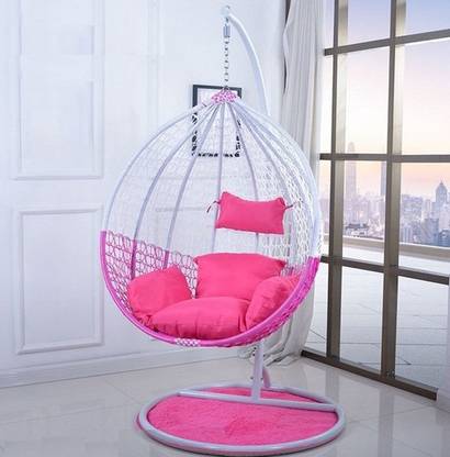 Jhula King Premium Hammock Swing with Stand White & Pink with Cushions Steel Large Swing