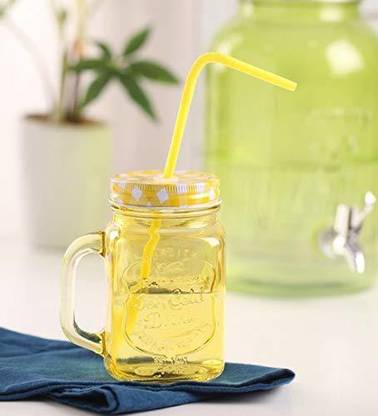 NEWTOWN SQUARE SHAPE GLASS JAR WITH HANDLE, STRAW AND MULTI COLOR LID Glass (400 ml, Pack of 2) Glass Mason Jar