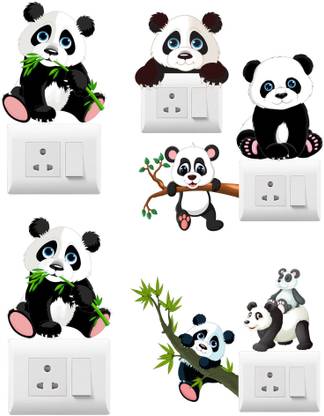Delight Decor 10 cm Panda With Green Leaves Switch Board Sticker Self Adhesive Sticker