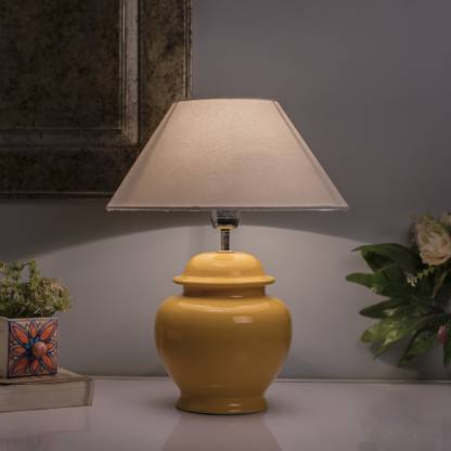 Flipkart Perfect Homes "Ceramic Gurad Pot Shaped Base Yellow Table Lamp with Shade, Set of 2, (White Cone) " Table Lamp