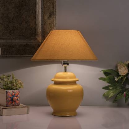 Flipkart Perfect Homes "Ceramic Gurad Pot Shaped Base Yellow Table Lamp with Shade, Set of 2, (Golden) " Table Lamp