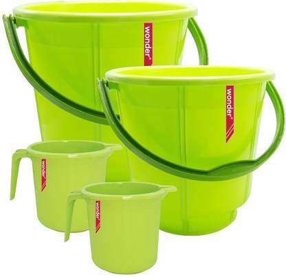 Wonder Prime Plastic Bucket & Mug Combo Set, 1 Bucket 18 Liters & 13 Liters, 2 Mug 1000 ml, Green Color, Made in india 18 L Plastic Bucket