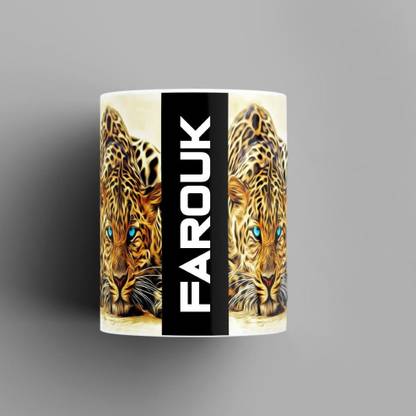 Beautum Name Printed Farouk Cheetah Design White Ceramic (350) ml. Model No:BMNAT005608 Ceramic Coffee Mug