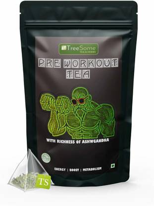 TreeSome Pre Workout Whole Leaf Herbal Green Tea with Ashwagandha, Turmeric, Pipli for Fitness, Energy Boost & Detox | Herbal Green Tea - 35 Pyramid Bags Herbal Tea Pouch