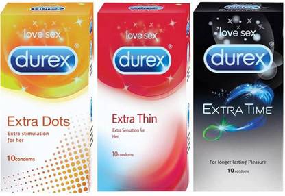 DUREX Extra Dots, Extra Thin & Extra Time Condom (Set of 3, 30S) Condom
