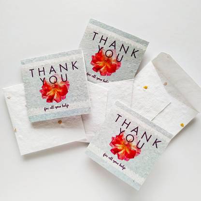Purple Leaf Green Products Thank you cards. Eco-friendly, made using recycled / handmade paper with seed paper envelope. Quantity 10. Size - 3' X 6' (Single fold) Greeting Card