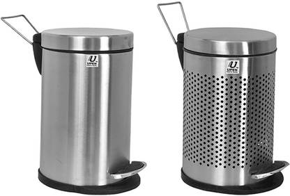 Upen Stainless steel, digital and smoking dustbin with 11 litres each (10"x14" each) pedal and perforated pedal dustbin for home, kitchen and office use. By UPEN Steel Dustbin