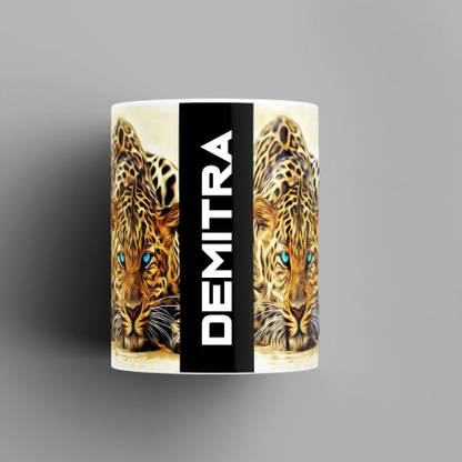 Beautum Name Printed Demitra Cheetah Design White Ceramic (350) ml. Model No:BMNAT004589 Ceramic Coffee Mug