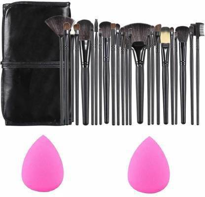 Townplaza Professional Wood Make Up Brushes Sets With Leather Storage Pouch - 24 Pcs + 2 SPONGE PUFF