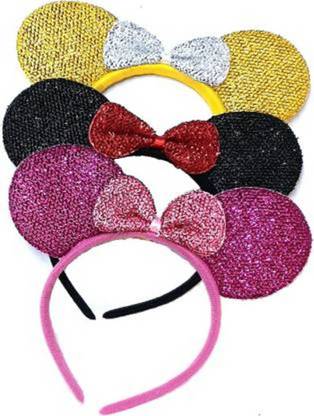 Gogi Enterprises Combo Of 3 Piece Party Wear Glitter Minnie Mouse Ears Head Band Dotted Bow Headband Costume Accessory (Multi Colour) Head Bands Accessories For Girls,Womens And Kids Hair Band