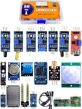 Quad Store 16 in 1 Sensor Modules Kit compatible with Arduino Uno R3, Mega 2560, Nano, Raspberry Pi Microcontrollers with box