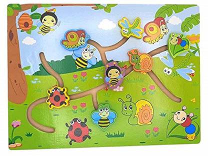 Wufiy Wooden Path Finding Board Game/Puzzle Game for Kids - Bugs for 2 Year Old (Multicolor)