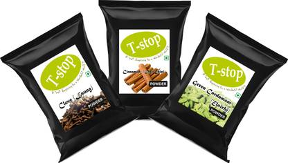 T-stop Green Cardamom (Eliachi) Clove (Laung) & Cinnamon (Dalchini/Taj) Powder Combo Pack Each 25gm