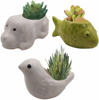 INDIA MEETS INDIA Animal Shaped Ceramic Flower Pot Planter Plant Pot Indoor Planter Handicraft, Set of 3 Plant Container Set