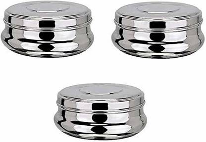 radhna Designer Stainless Steel Belly Shape Flat Canisters/Puri Dabba/Storage Containers Set of 3 Pcs (750 ML Each) 3 Containers Lunch Box