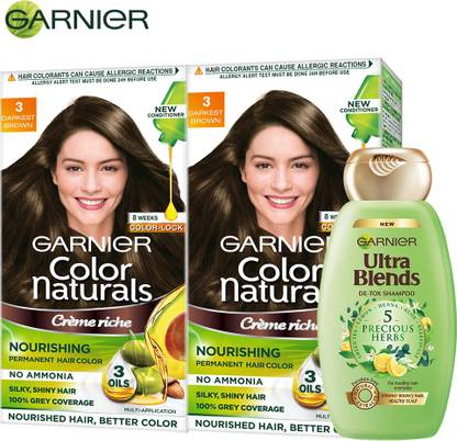 GARNIER Color Naturals Crme Hair Color - Shade 3 Darkest Brown, 70ml+60g (Pack of 2) + Ultra Blends Shampoo, 5 Precious Herbs, 340ml , Shade 3 Darkest Brown