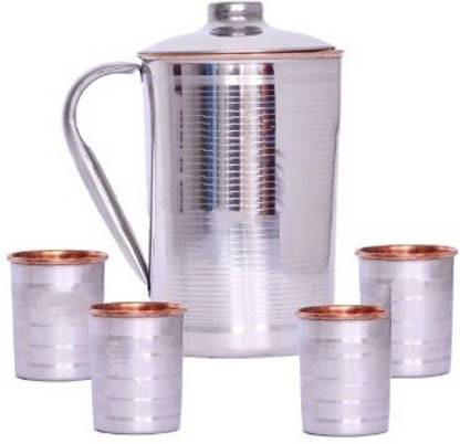 planet blu Steel Copper Jug & Glass Set, inside Copper & Outside Silver (Pack of 05) Jug Glass Set