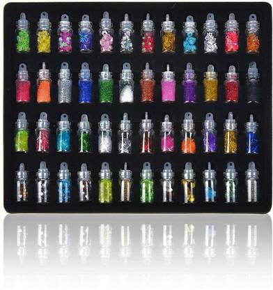 Shills Professional 48 Pcs Glass Bottles 3D Nail Art Set. Glitter Sequins Rhinestones Beads Assorted Colours