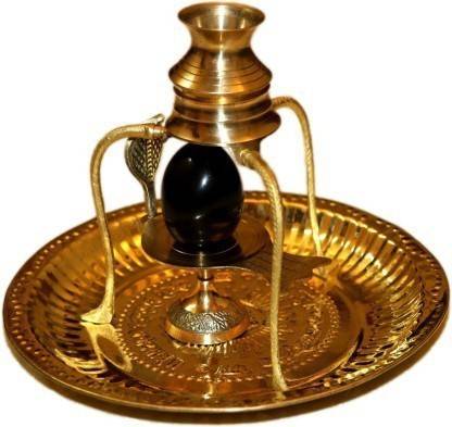 VALUE CRAFTS Black Shaligram Shiva Ling/Shivling with Brass jalahari Yoni, Plate, Kalash with Stand Brass Brass