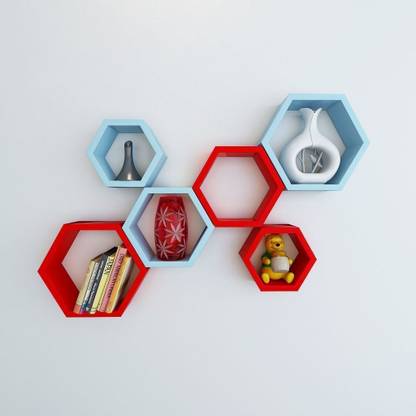 Shan Hub Hexagon Shape Set of 6 Floating Wall Shelves/Wall Shelf and Racks/Book Shelf for Living Room (Blue and RED) MDF (Medium Density Fiber) Wall Shelf