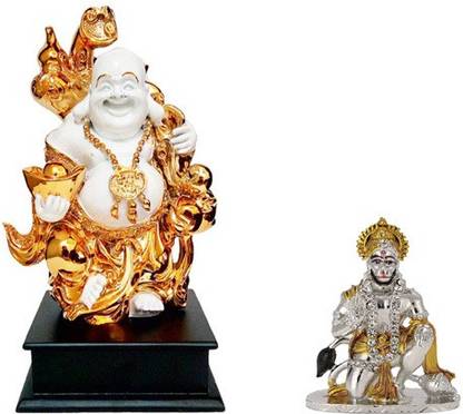 Kanhagift Fengshui God Laughing Buddha Vastu Gold plated Statue with wooden base and Lord Hanuman Mandir Home Decor God Statue Gift Item Decorative Showpiece Decorative Showpiece  -  26 cm