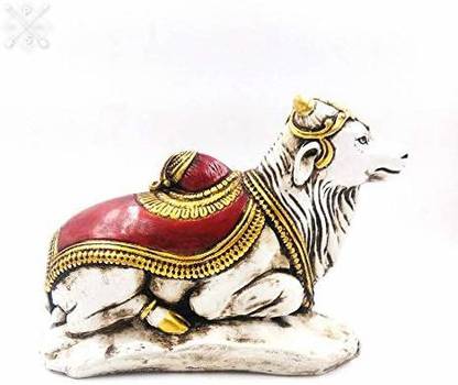 Indicast Bull Nandi Statue Bull of Shiva Idol Animal Figurines Gifts (White, Red) Decorative Showpiece  -  10.16 cm