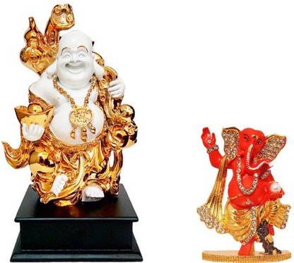 Kanhagift Fengshui God Laughing Buddha Vastu Gold plated Statue with wooden base and God Ganesh / Ganpati / Lord Ganesha Idol - Statue Gift item Decorative Showpiece Decorative Showpiece  -  26 cm