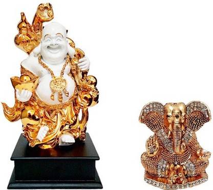 9facts Fengshui God Laughing Buddha Vastu Gold plated Statue with wooden base and God Ganesh / Ganpati / Lord Ganesha Idol - Statue Gift item Decorative Showpiece Decorative Showpiece  -  11.5 cm