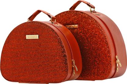 Shamax Glitter Glam Dark Red 2Pc Set D Shaped Vanity Case Makeup Vanity Box