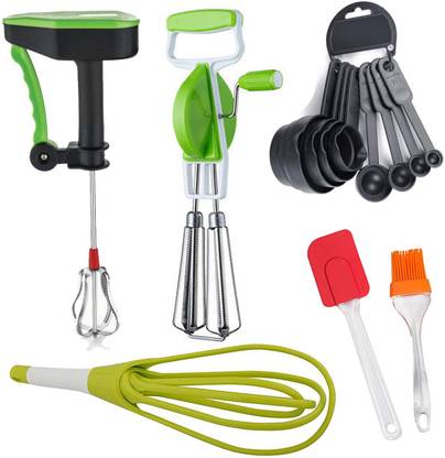 SEASPIRIT 2 in 1 Power free hand blender beater,egg mixer with Measuring spoon cup and spatula silicone brush and 2 in 1 foldable wishker,Egg & Cream Beater Kitchen Tool Set