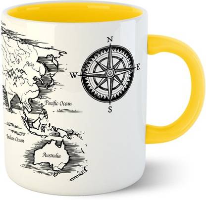 Chiraiyaa Creative Lineart World Map Inner Yellow printed with Yellow Handle Ceramic Coffee Mug