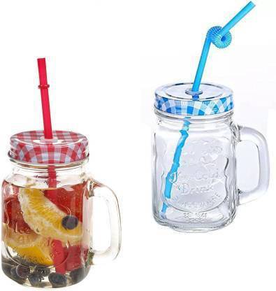 सूर्याफैशन Ice Cream Cold Drink Infusion Bottle Coffee Water bottle Office Water Bottles Mason Jar Bottle Cold Drinkware with handle glass Glass (Pack of 2) ग्लास मग