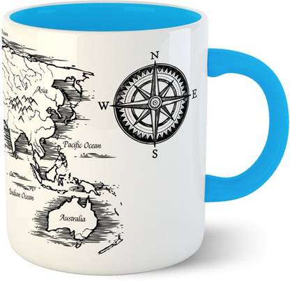 Chiraiyaa Creative Lineart World Map Inner Dark Skyblue printed with Skyblue Handle Ceramic Coffee Mug