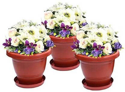 Delhi Pot Shop New Gardening Flower Pots-10 Inch | With suitable Bottom Plates | Round Garden Plastic Planters Plant Container Set