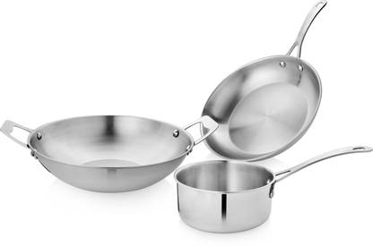 Vinayak Stainless Steel Cookware Set of 3pcs (26 cm Kadai-2600ml | 23cm Frypan-1380ml | 15 cm Sauce Pan - 1000ml. Sauce Pan 15 cm, 23 cm, 26.7 cm diameter 1 L, 1.38 L, 2.6 L capacity