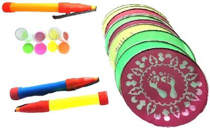 Upyukat Rangoli Making Kit- 6 Rangoli filler bottles, 10 Round Rangoli Stencils, 3 Rangoli Outliner Pen for making Unique Rangoli Designs and Home/ Office decoration Rangoli Stencil