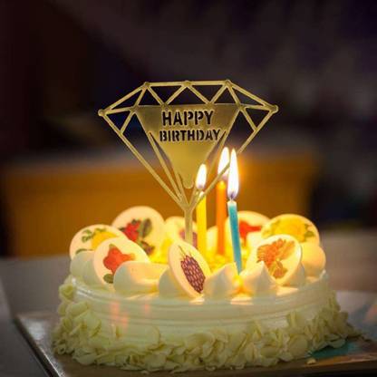 FUNCART Gold Diamond Shape Arcylic Happy Birthday Golden Cake topper