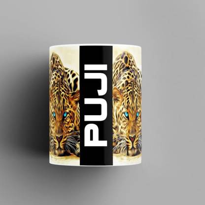 Beautum Name Printed Puji Cheetah Design White Ceramic (350) ml. Model No:BMNAT016306 Ceramic Coffee Mug