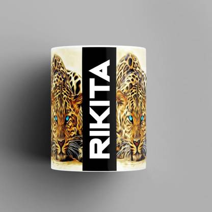 Beautum Name Printed Rikita Cheetah Design White Ceramic (350) ml. Model No:BMNAT017482 Ceramic Coffee Mug
