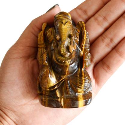 REIKI CRYSTAL PRODUCTS Tiger Eye Ganesh Ji Murti Ganesha Idol Ganesha Murti Ganesha Statue Natural Crystal Ganesha Stone Ganpati For Reiki Healing and Protection & Home Decor, Office Table, Wall Slab and Car Dashboard Decorative Showpiece  -  6 cm