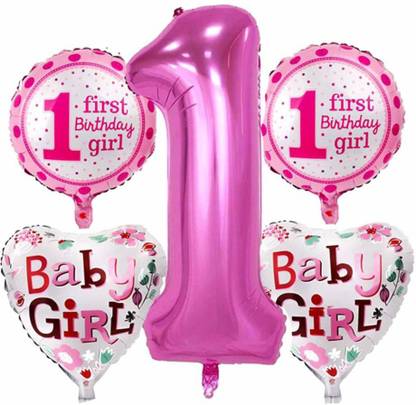 एलिगेंट लाइफस्टाइल सॉलिड 1st Happy Birthday Baby Girl pink theme Balloon Item Set First Birthday Girl Printed Heart Shaped Round Shaped with One shaped Party Decoration Item Prop Balloons kit for Children Kids, Inflated Foil गुब्बारा