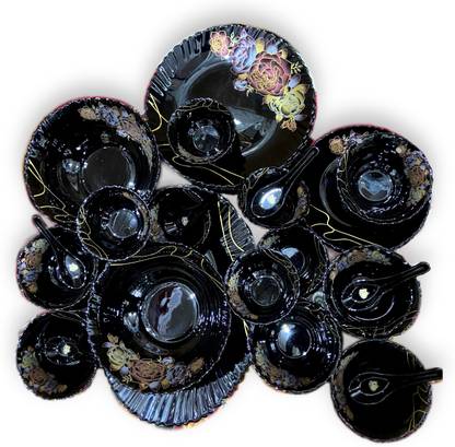 lavish Temptations Pack of 33 Glass lavish Temptation's Beautifull BlackVibrant design Glass Dinnerset ,33 peices ,One 14" platter,Two 8"salad bowls,Six 10.5" Dinner Plate, Six 7.5" Desert Plate, Six 5" Bowl,Six 4" Bowl,Six 5.5" Spoon.Thermal resistant - no cracks on heating food in microwave from refrigerator Break, chip and scratch resistant-made for everyday use Dinner Set