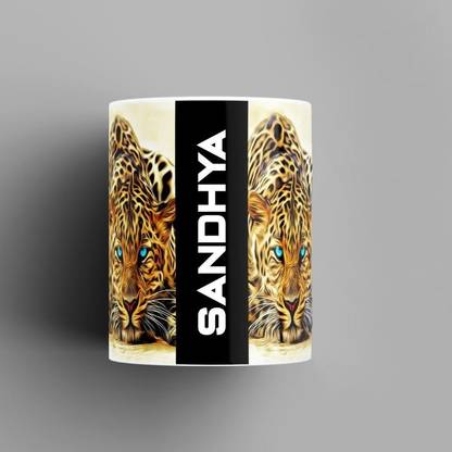 Beautum Name Printed Sandhya Cheetah Design White Ceramic (350) ml. Model No:BMNAT018770 Ceramic Coffee Mug