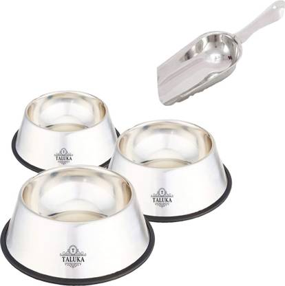 TALUKA Taluka Pet Feeding Bowls With Scoop for Dogs- Set of 4, 500 ML + 700 ML + 1000 ML & 1 Scoop with Anti Skid Ring ( Steel 3 Bowls & 1 Scoop) Round Steel Pet Bowl