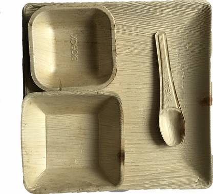 Bio Box India Biobox Pack of 45 Biodegradable Dinner set(10" Round Plate, 5" Square Bowl, 4.5" Square Bowl, 6" Design Spoon), In total 15 pcs each Dinner Plate