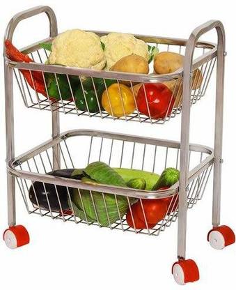 WAYMORE 2-Tier Rack Fruits & Vegetable Onion Trolley Container Basket Organizer Organiser Holder Stand for Kitchen With Wheel Stainless Steel Fruit & Vegetable Basket