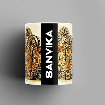 Beautum Name Printed Sanvika Cheetah Design White Ceramic (350) ml. Model No:BMNAT018934 Ceramic Coffee Mug