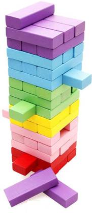 Little Joy Multicolor 54 Wooden blocks with 4 Wooden dice Build Up Stacking Game for Kids