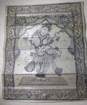 Aviman Maa Saraswati in Palm Leaf Etching, Purely Handicraft Engraving (10 x 8 inch). Palm Leaf handicraft Works